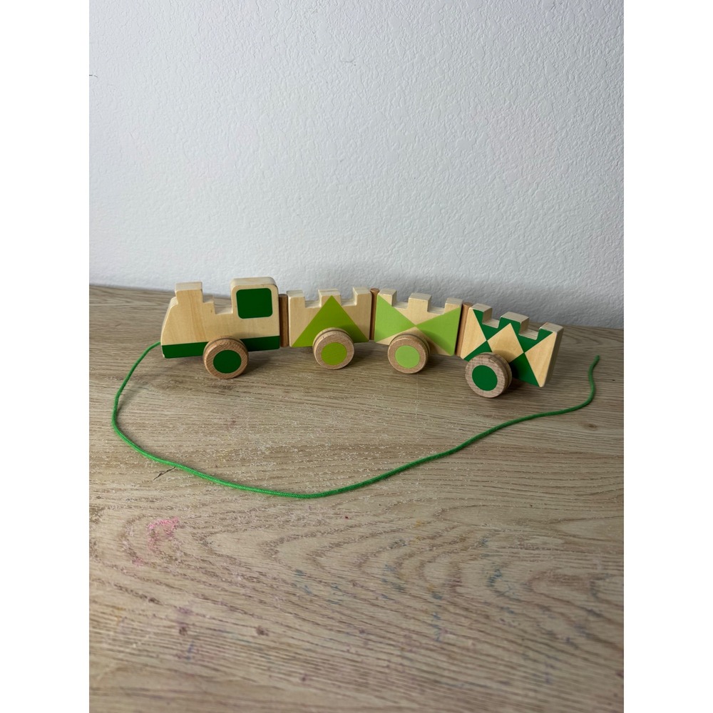 Djeco Wooden Pull Train Toy Green Geometric Pattern Natural Wood